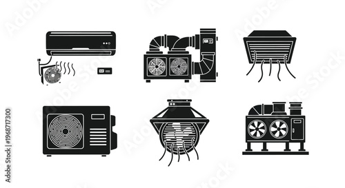Various air conditioning unit designs and components in a black silhouette