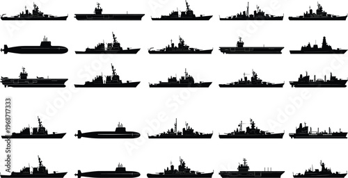Military naval fleet silhouette collection featuring aircraft carriers, submarines, destroyers, battleships, and various warship vessels for maritime defense and tactical combat illustrations.