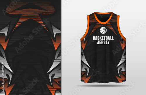 Black basketball jersey design with curve white and orange background