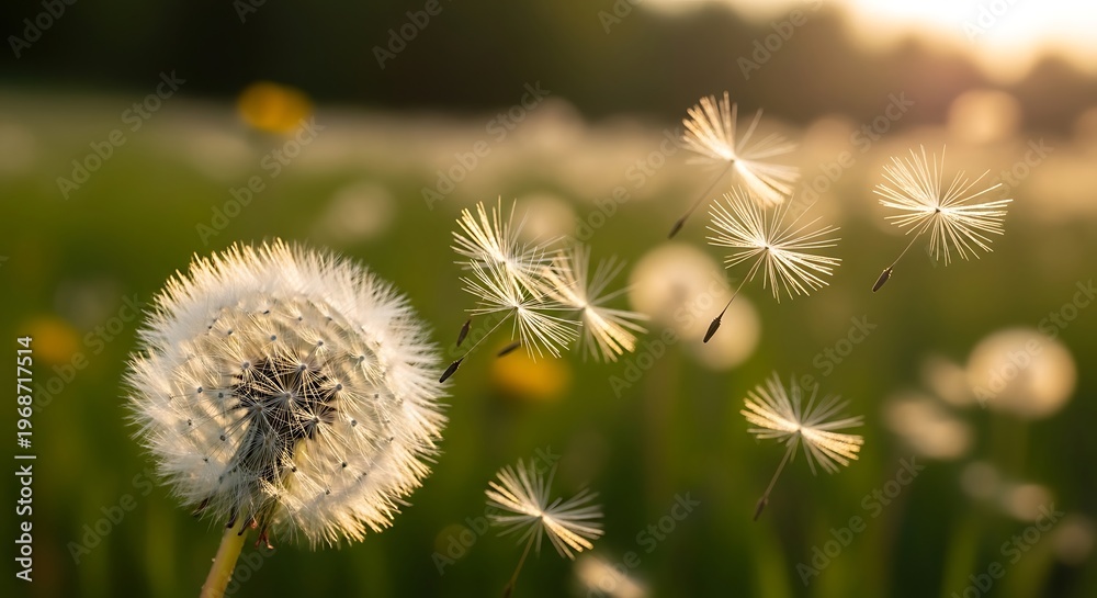 Obraz premium Dandelion seeds blowing in spring wind