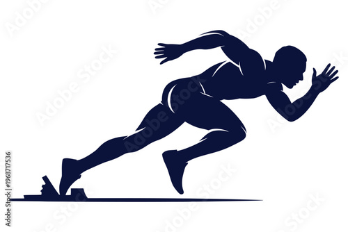 Powerful sprinter starting race from starting blocks in track and field competition conceptual vector illustration for sporting event