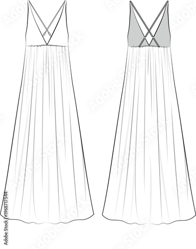 Ruched Maxi Dress - Flat Technical Drawing