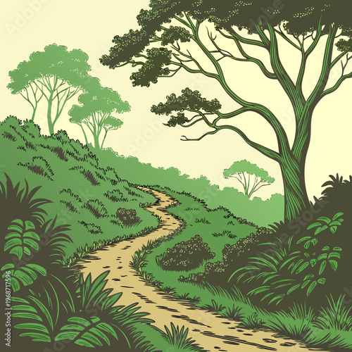 High-angle shot of a winding dirt path disappearing into a dense, emerald jungle.