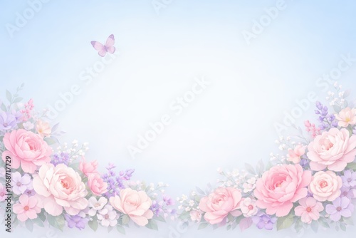 Blossom and Butterfly: A delicate butterfly dances above a gentle arrangement of blooming roses and flowers, embodying the grace and beauty of nature. 