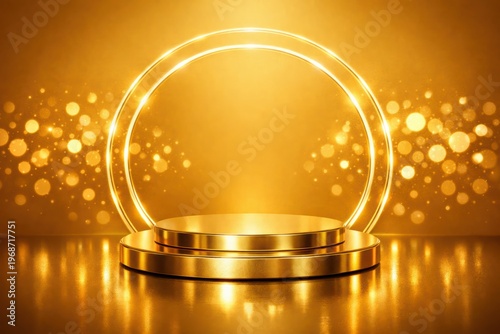 Golden Stage of Celebration: A radiant golden stage, illuminated by a halo of light and bokeh, sets the scene for triumph and glory, exuding opulence and grandness.