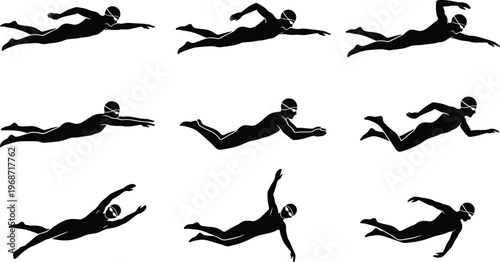 Professional swimmer silhouette collection featuring various swimming strokes, freestyle athletes, goggles, and competitive pool poses for sports fitness graphics and aquatic training illustrations.