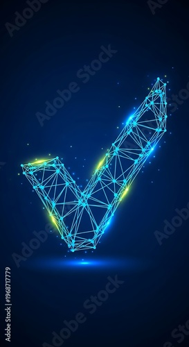 Digital Checkmark - Futuristic Tech Concept on Dark Blue Background.
