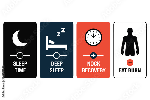 Sleep time deep recovery and fat burn icons set representing healthy night rest cycles to improve physical performance and wellness routine