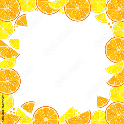 Square Vector Frame with Orange and Lemon Slices on White Background