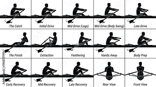 Rowing technique silhouette set, athlete rower rowing stroke phases, sculling boat motion diagram, water sports training icons, professional rowing sequence, team building competition.