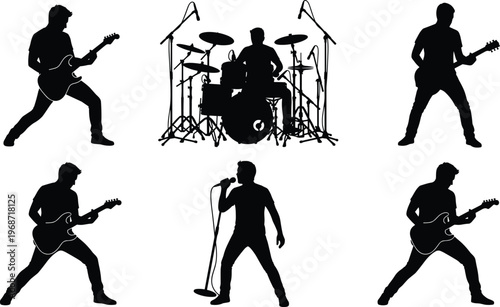 Set of rock band silhouettes featuring guitarists drummer and singer performing live on stage isolated on white background for music concert designs