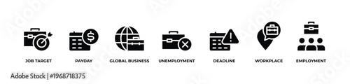 Employment Journey Icons set vector illustration glyph with Job target, Payday, Global business, Unemployment, Deadline, Workplace, Employment