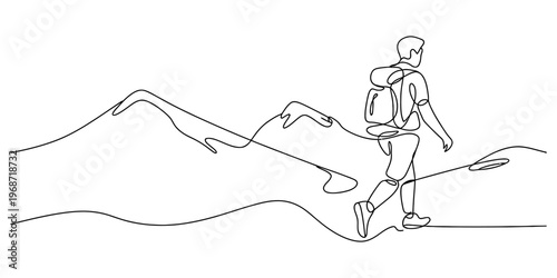 Continuous single line drawing of a backpacker hiking through the mountains in nature outdoors Vector, illustration