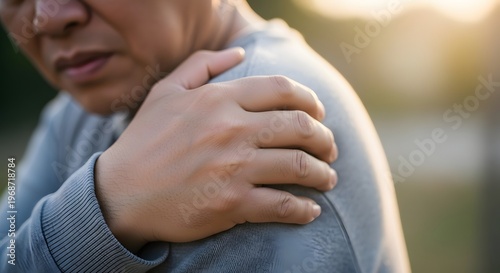 Middle aged man suffering from acute shoulder pain. Lifestyle health issues and muscle tension. Man holding his painful shoulder outdoors with a facial expression of discomfort