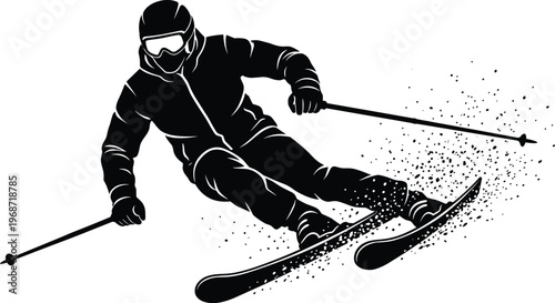 Silhouette of a professional skier downing a snowy slope with spray and speed, wearing winter gear and goggles isolated on white background.