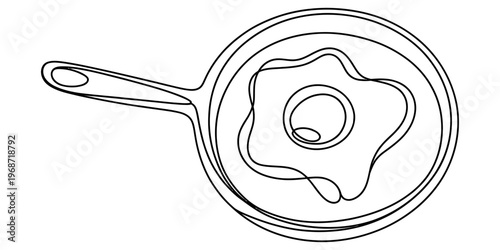 A minimalist black and white line art illustration featuring a single fried egg in a frying pan Vector, illustration