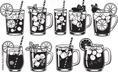 Vintage whisky decanters with intricate etched designs and stoppers Vector