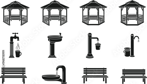 Set of black park equipment silhouettes including wooden gazebos, garden benches, water fountains, and outdoor faucets isolated on white background.