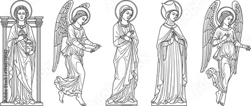 Hand-Drawn Angel Illustration Set with Various Poses and Sacred Designs for Spiritual and Religious Art Concepts