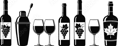 Set of black wine bottle silhouettes with grape labels, cocktail shaker, wine glasses, and maple leaf bottle isolated on background.