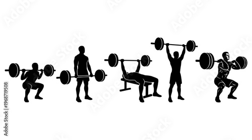 Silhouettes of athletes performing various weightlifting exercises including squats, bench press, and overhead press with barbells.
