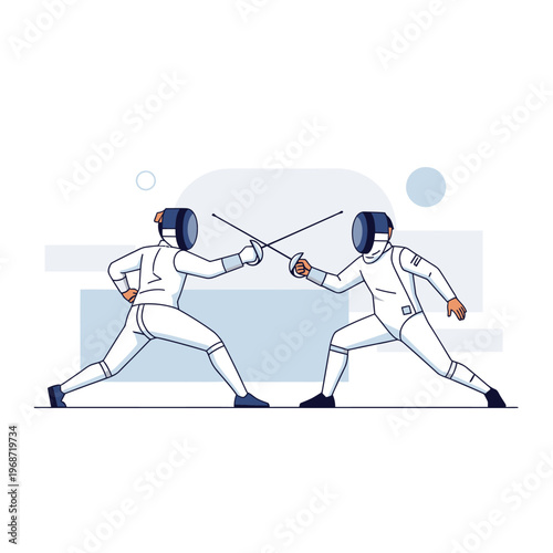 Two Fencers in Protective Gear Competing with Swords, Sports Illustration