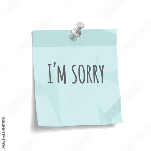 Light Blue Paper Note "I'M SORRY" Pinned with Thumbtack on White Background