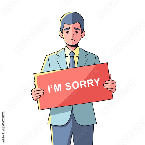 Man holding an I'm Sorry sign, expressing regret and apology in business attire