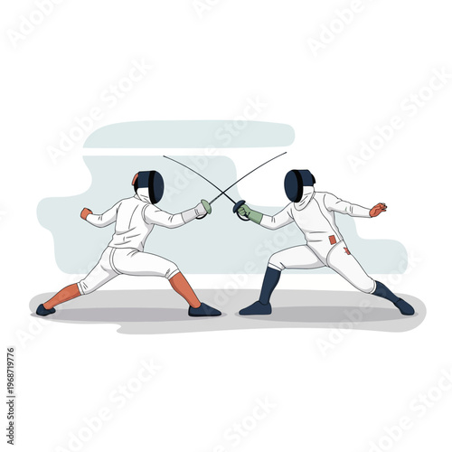 Two Fencers in Protective Gear Sparring with Swords, Athletic Competition