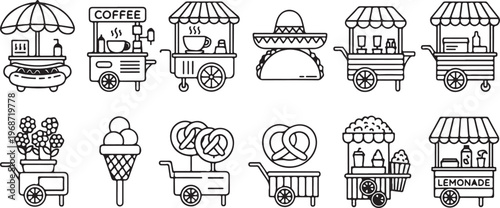 A variety of colorful food and drink carts on a simple background Vector