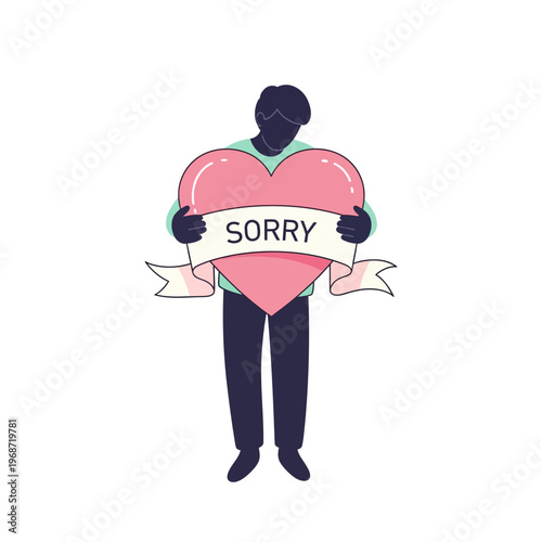 Man holding a large pink heart with the word SORRY on a banner