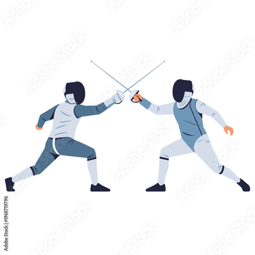 Two Fencers in Protective Gear Sparring with Swords, Dynamic Action Pose