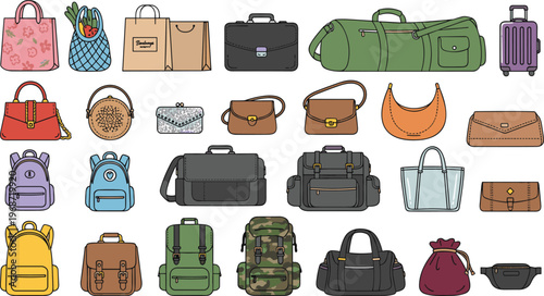 Flat cartoon style illustration set of twenty diverse fashion bags briefcases and backpacks for shopping and travel.