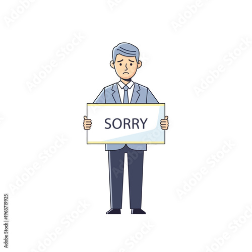 Man in Suit Holding SORRY Sign, Expressing Regret and Apology
