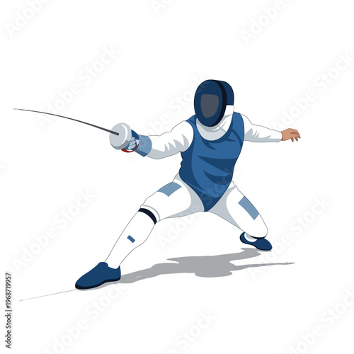 Fencer in action pose, ready to attack with foil, blue and white uniform, white background