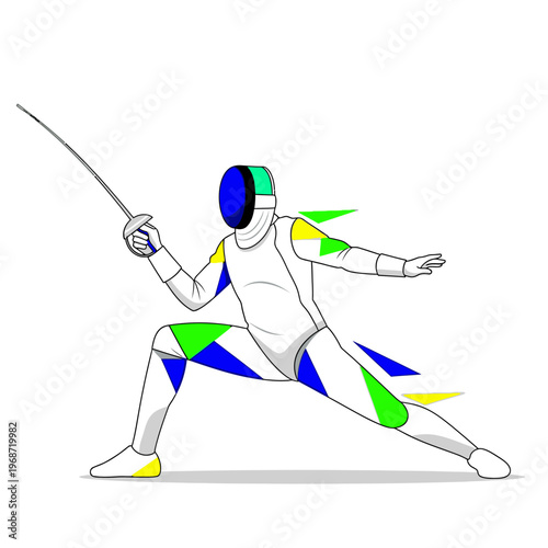 Fencer in action pose, sword ready, dynamic fencing sport illustration