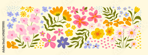 Colorful vintage flower garden art illustration set. Retro nature floral graphic collection in hand drawn style. Spring season decoration bundle, natural bouquet drawing.