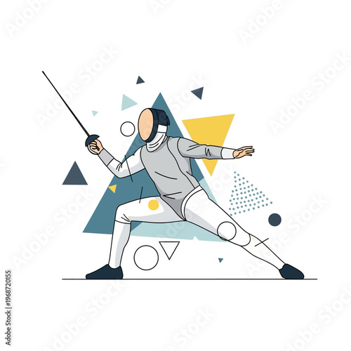 Fencer in action, geometric abstract background, dynamic pose, sport illustration