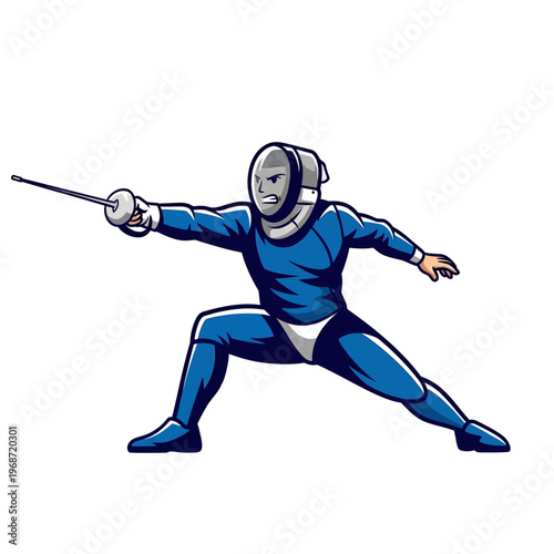 Fencer in blue uniform lunges forward with foil sword, aggressive stance, athletic competition