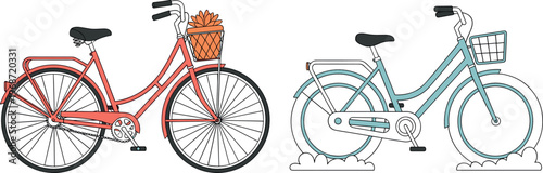 Hand-Drawn Bicycle Illustration Set with Red and Blue Bikes, Baskets, and Floral Designs for Outdoor and Travel Concepts