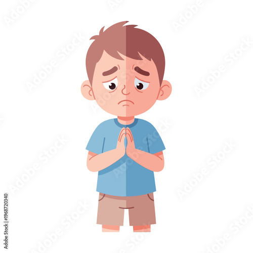 Sad Boy Praying, Begging, Asking for Help or Forgiveness - Cartoon Style