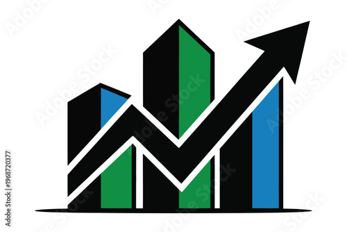 Abstract graphic bars with upward arrow and fluctuating line showing business progress development and financial market performance