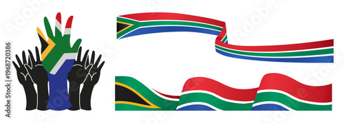 South Africa flag vector elements, national colors on waving ribbons and human hands, patriotic South African symbols for heritage day and sports