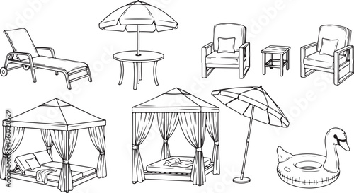 Illustrations of various historical furniture and household items Vector