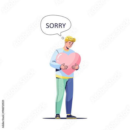 Sad Man Holding Pink Heart with Sorry Speech Bubble - Apology, Regret, Love Loss