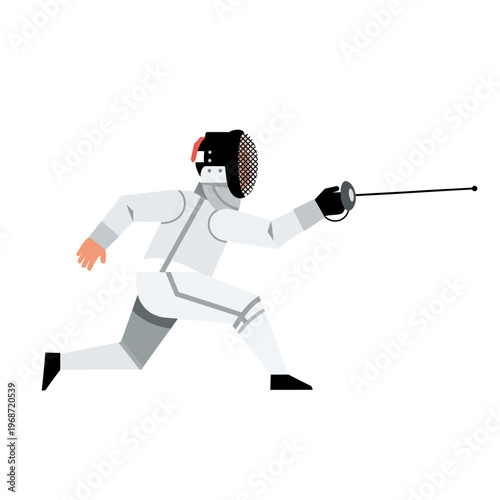 Fencer in white uniform, mask, and foil, lunging forward against white background