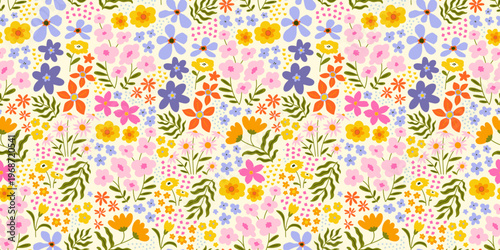 Colorful vintage flower garden art seamless pattern illustration. Retro nature floral background in hand drawn style. Spring season decoration texture, nature textile drawing print.