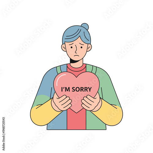 Sad person holding a pink heart with "I'm Sorry" text, apology concept