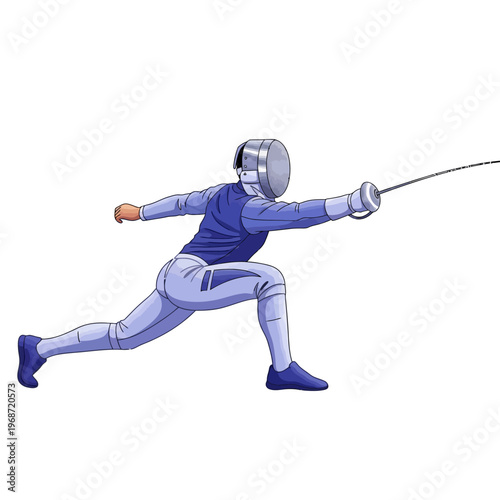 Fencer lunging with rapier, blue uniform, competitive sport, athletic action, isolated on white