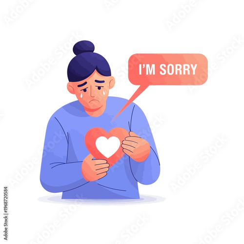 Sad Person Holding Broken Heart, Saying I'm Sorry